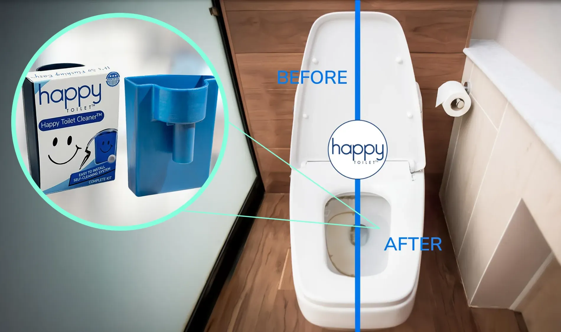 Split-screen before and after using Happy Toilet Cleaner with close-up of product